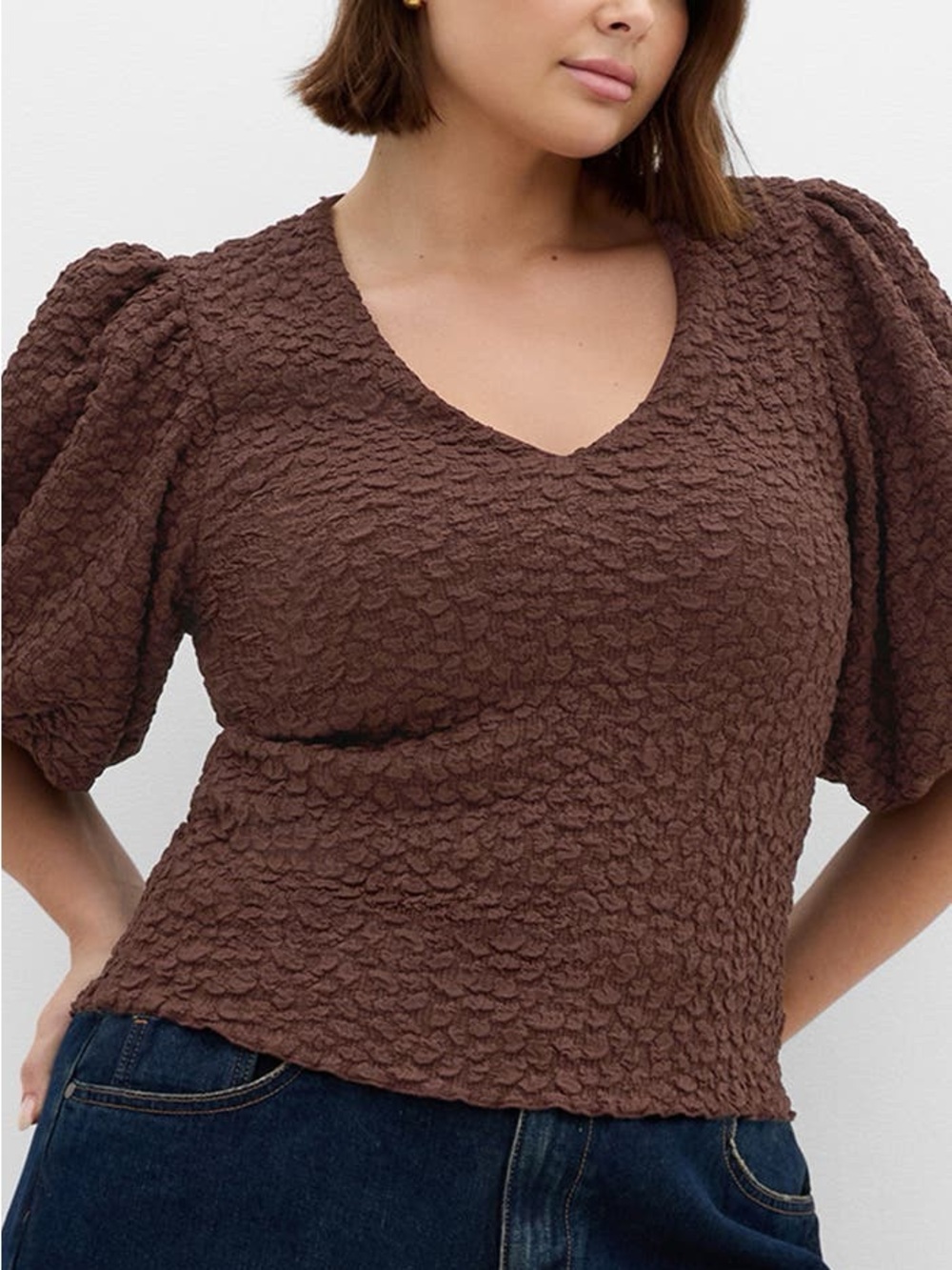 City Chic Chrissie Texture Puff‎ Sleeve Top 18/M Chocolate Brown NWT